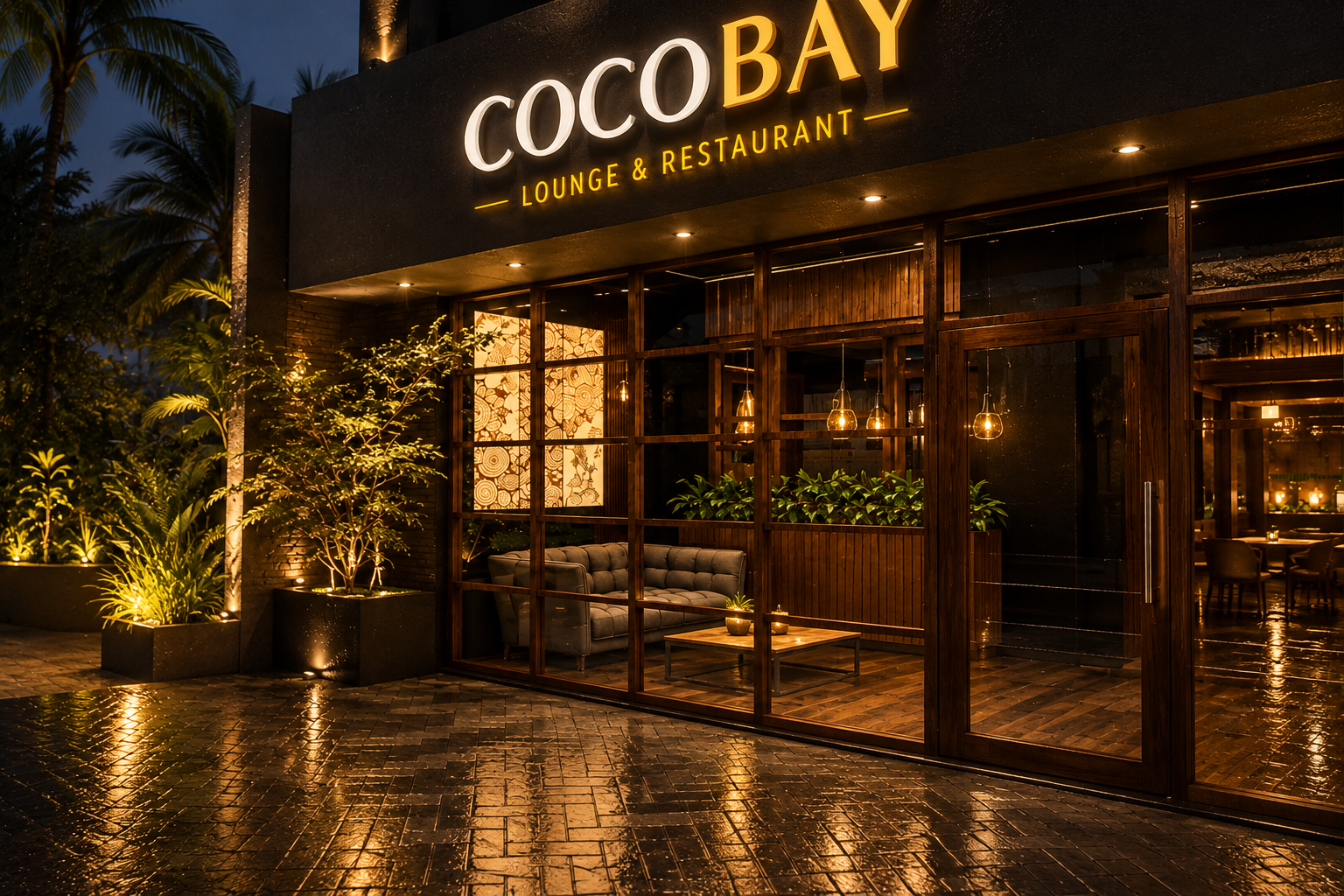 Cocobay Lounge & Restaurant storefront at night
